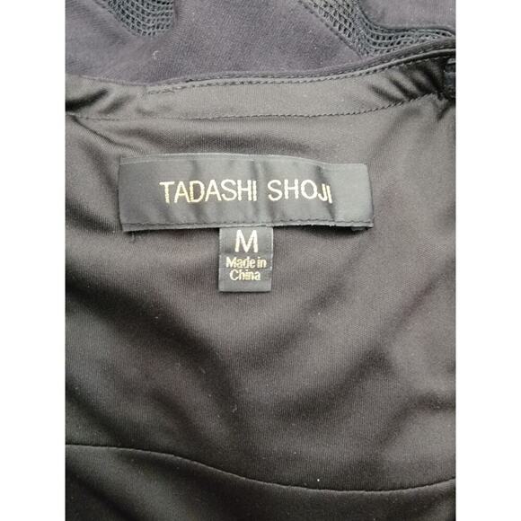 Tadashi Shoji Illusion Dress SZ M Cocktail Flare Midi V Neck Mesh Tulle Black - Picture 9 of 10